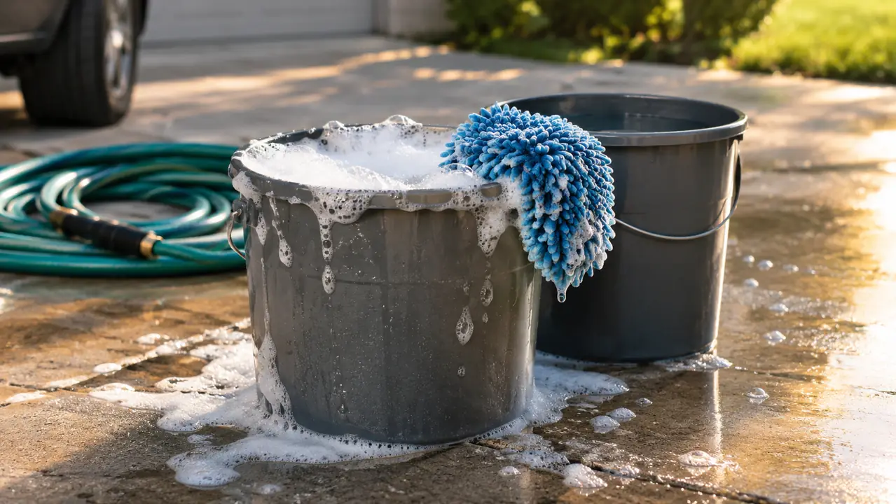 Two buckets on a concrete driveway, one filled with soapy water, a wash mitt resting on the edge, a garden hose coiled nearby