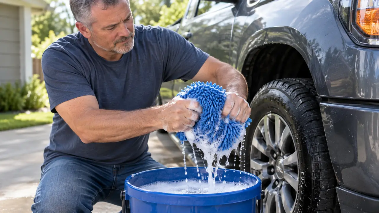 A mechanic's hands wringing suds from a wash mitt over a bucket beside a pickup truck