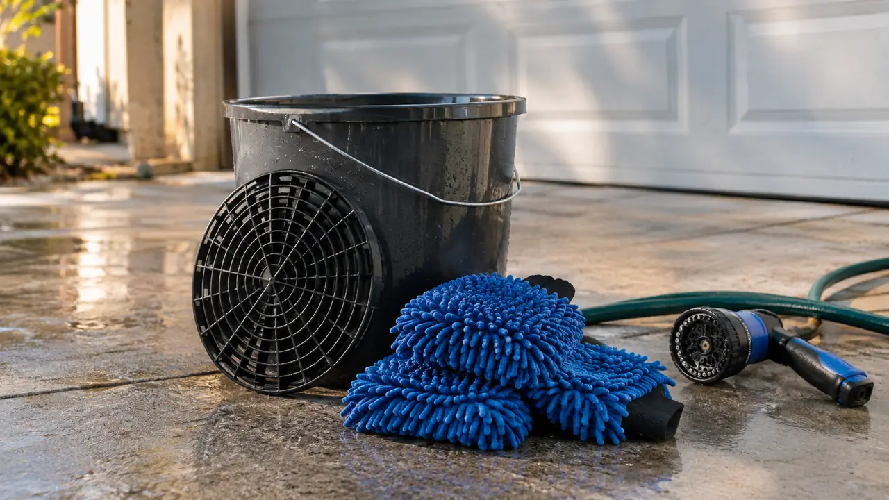 A wash bucket with a grit guard, two wash mitts, and a hose nozzle set out on a concrete driveway