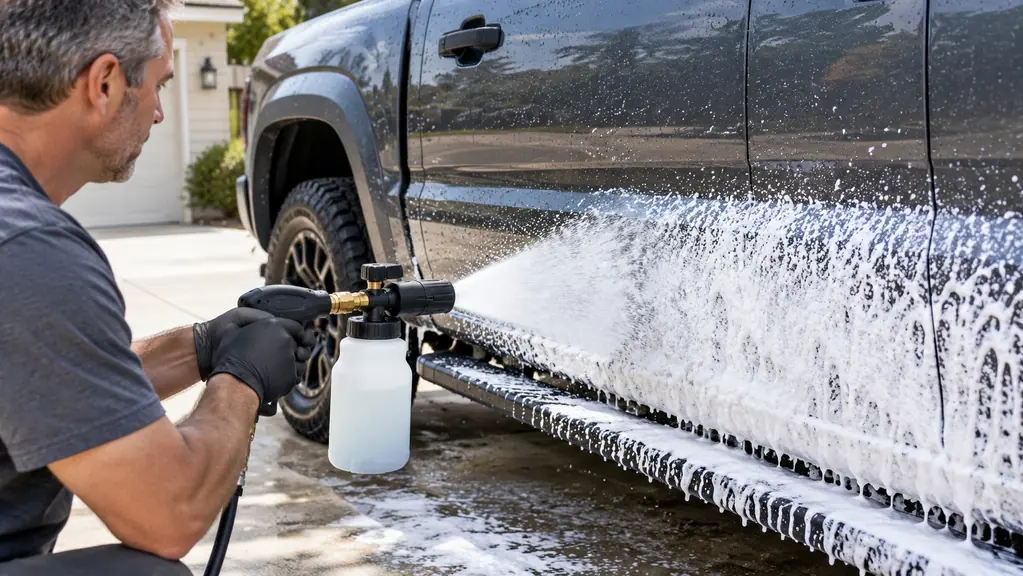 A mechanic's gloved hand spraying foam onto the lower panel of a pickup truck