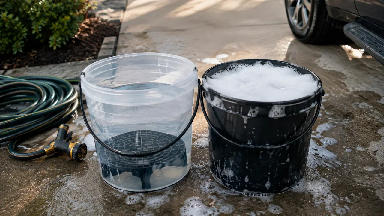 Two buckets on a concrete driveway, one with a grit guard, beside a coiled hose