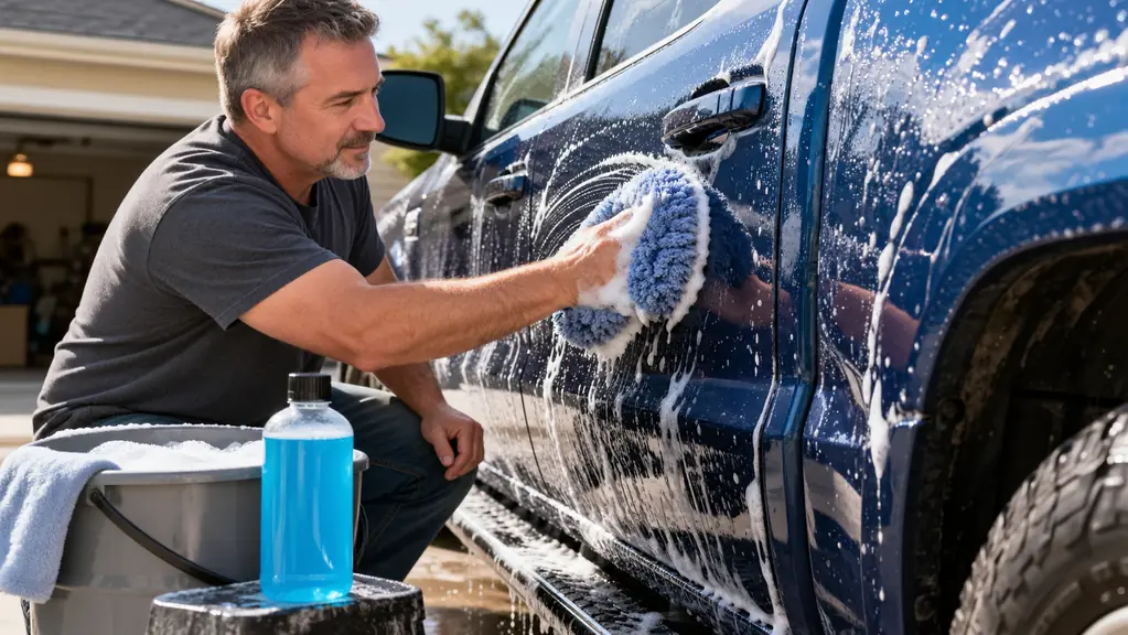 Close-up of a hand in a wash mitt gliding over a soapy truck panel, with a soap bottle on the rim of a bucket