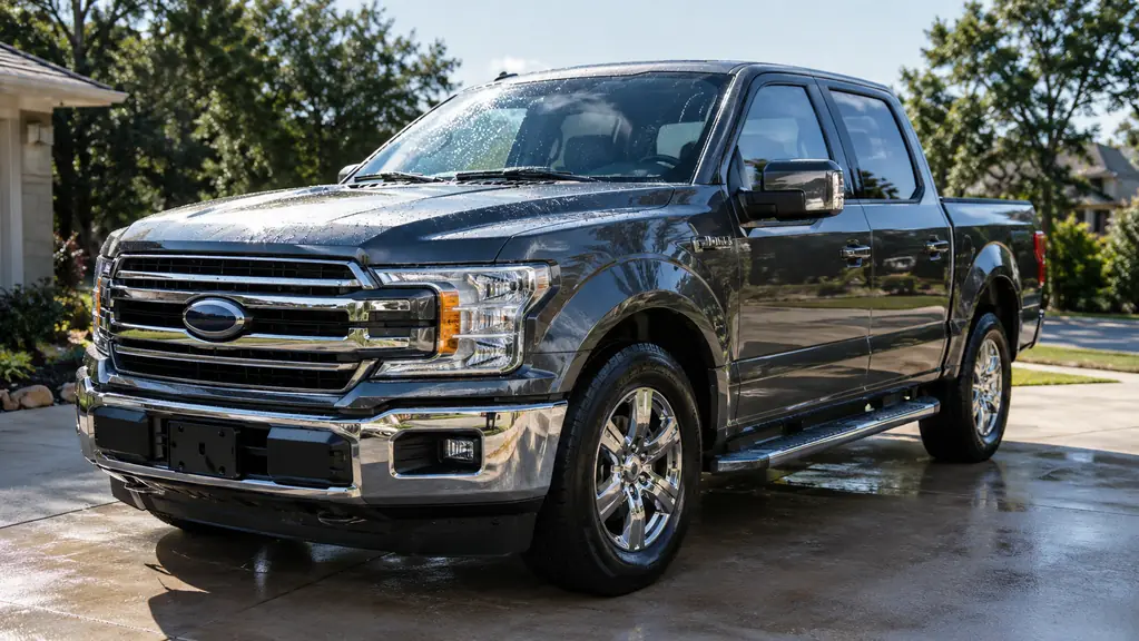 A clean pickup truck parked in the sun after a fresh wash
